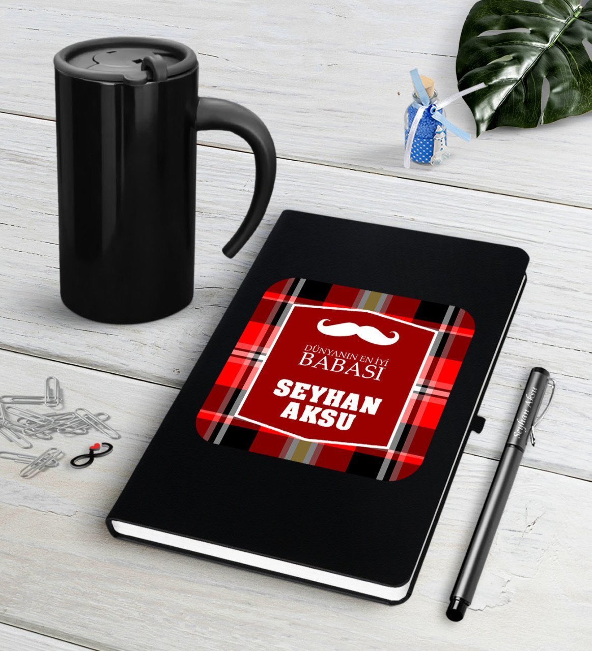 Kişiye Özel Dünyanın En İyi Babası Siyah Defter Kalem Termos Mug Seti-4