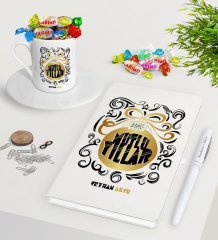 Kişiye Özel Yılbaşı Mutlu Yıllar Beyaz Defter Kalem Türk Kahvesi Fincanı ve Haribo Şeker Hediye Seti-9