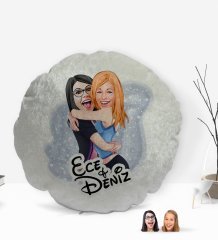 Kişiye Özel Kız Kardeşler Karikatürlü Yuvarlak Dekoratif Kırlent Yastık-10