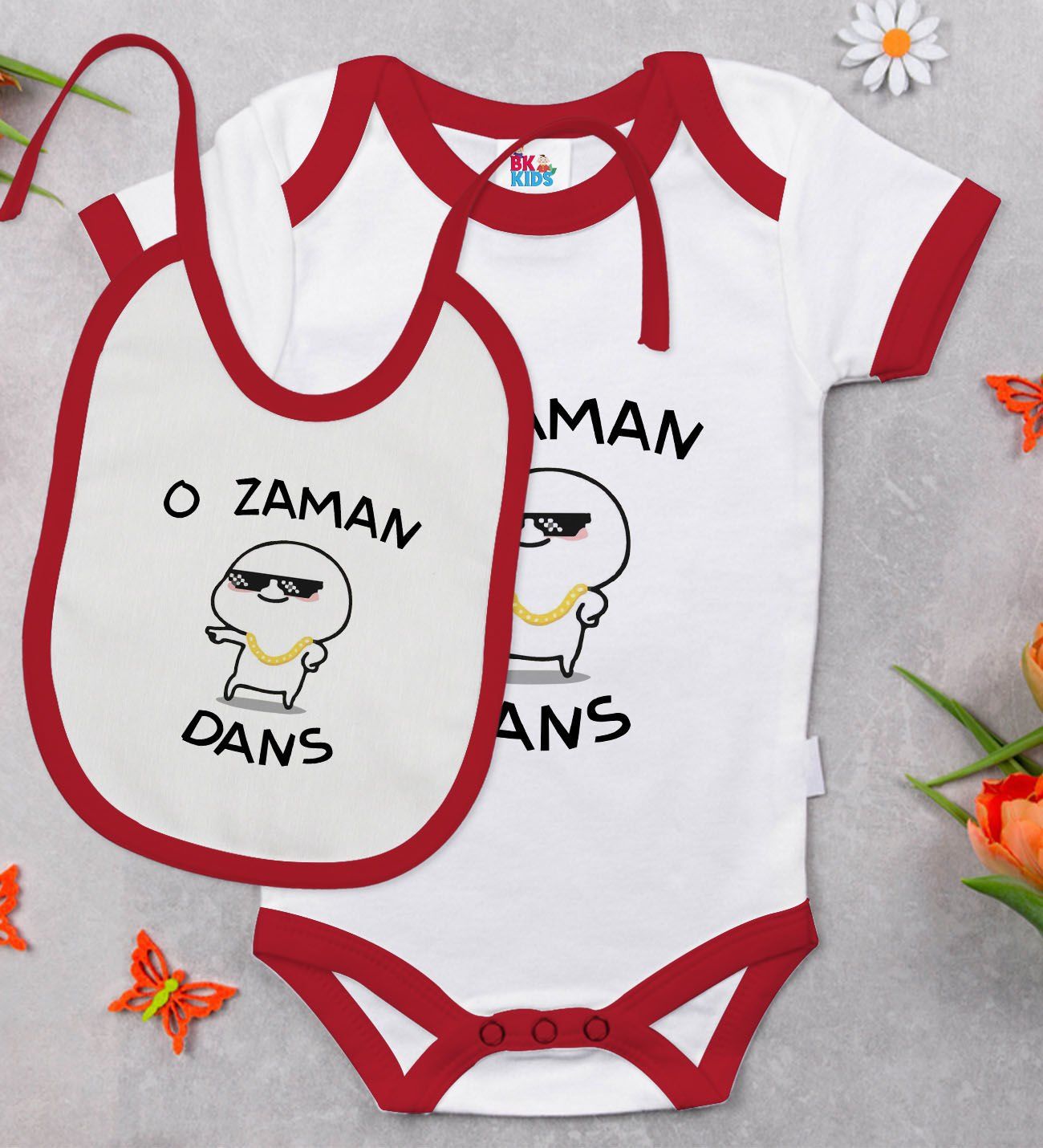 BK Kids O Zaman Dans Tasarımlı Kırmızı Bebek Body Zıbın ve Mama Önlüğü Hediye Seti-1
