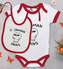 BK Kids O Zaman Dans Tasarımlı Kırmızı Bebek Body Zıbın ve Mama Önlüğü Hediye Seti-1