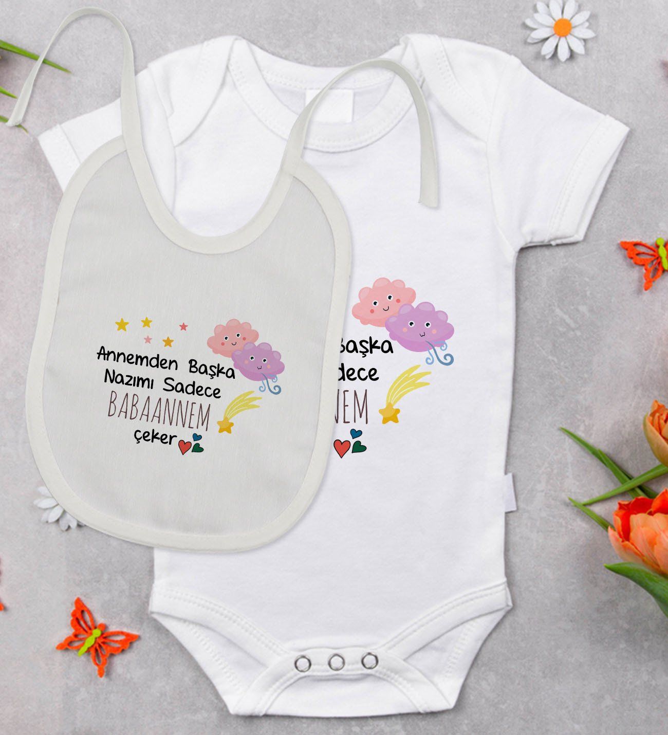 BK Kids Babaannem Tasarımlı Bebek Body Zıbın ve Mama Önlüğü Hediye Seti - Model 1