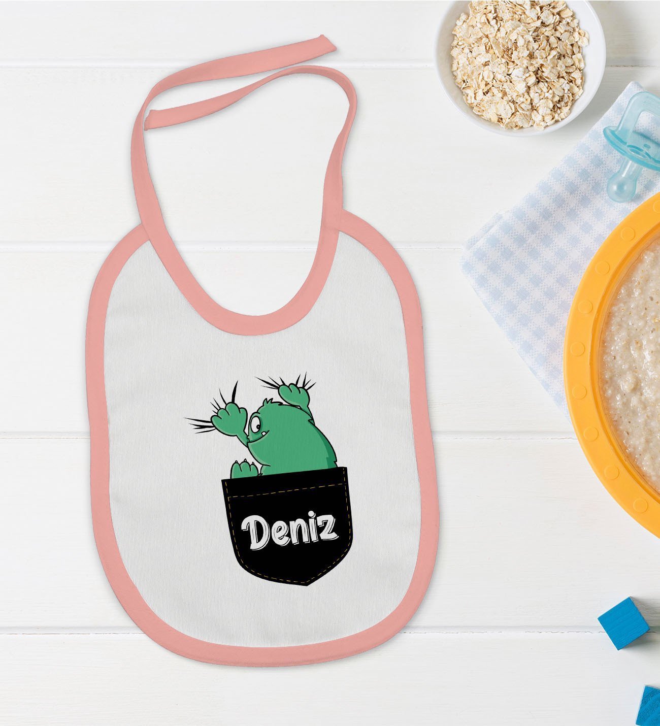 BK Kids Kişiye Özel Pembe Bebek Mama Önlüğü - Model 172