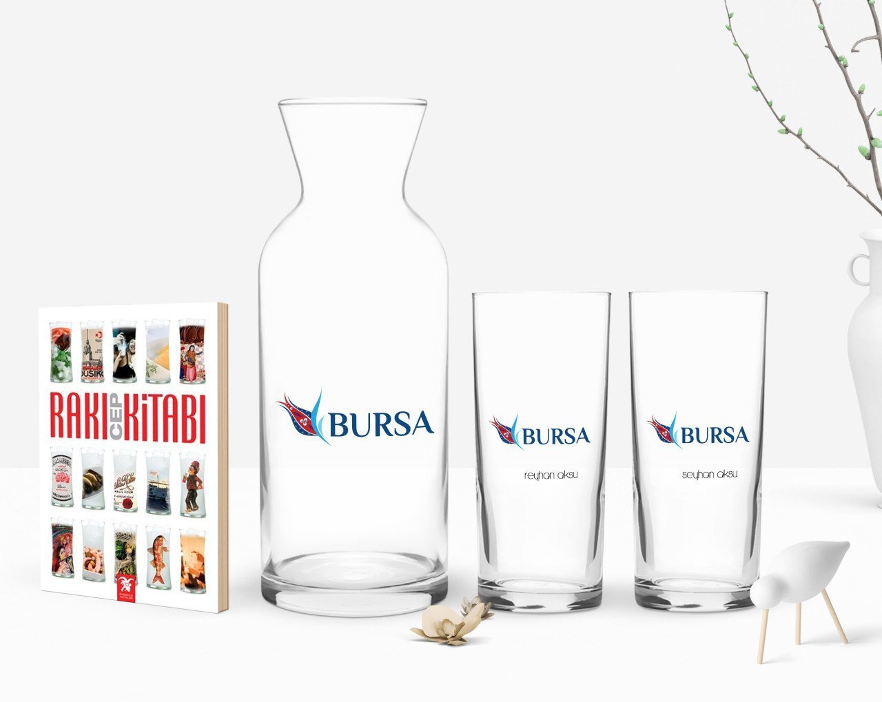 Kişiye Özel Renkli Baskılı Bursa Tasarımlı Turistik İkili Rakı Bardağı Karaf ve Cep Kitabı Hediye Seti-2