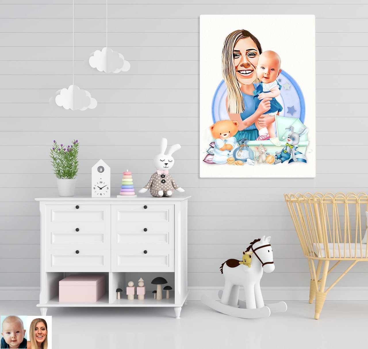 Kişiye Özel Anne ve Erkek Bebek Karikatürlü Kanvas Tablo 70x100cm-1