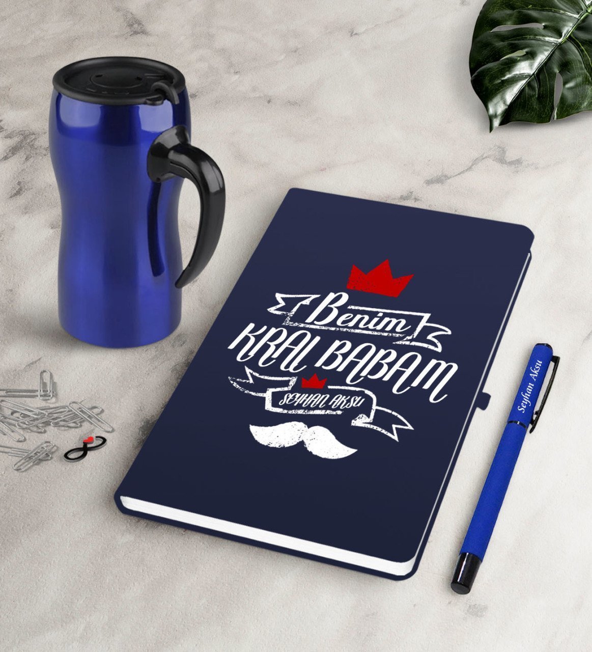 Kişiye Özel Benim Kral Babam Lacivert Defter Kalem Termos Mug Seti