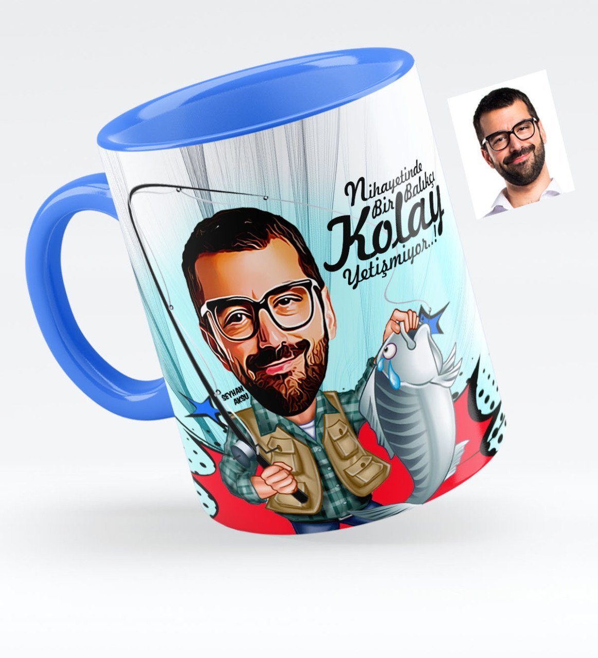 Kişiye Özel Bay Balıkçı Karikatürlü Mavi Kupa Bardak - 1
