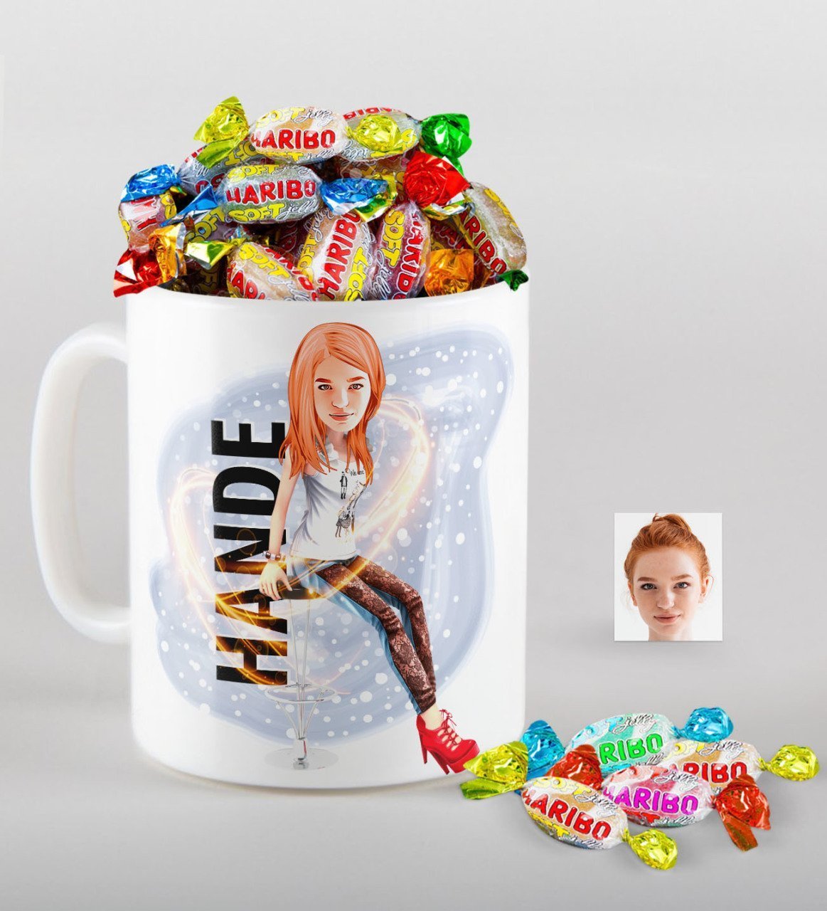 Kişiye Özel Bayan Karikatürlü Kupa ve Haribo Şeker Hediye Seti-39