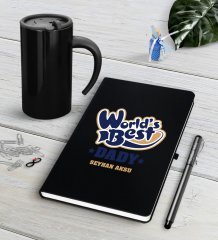 Kişiye Özel Dünyanın En İyi Babası Siyah Defter Kalem Termos Mug Seti-3