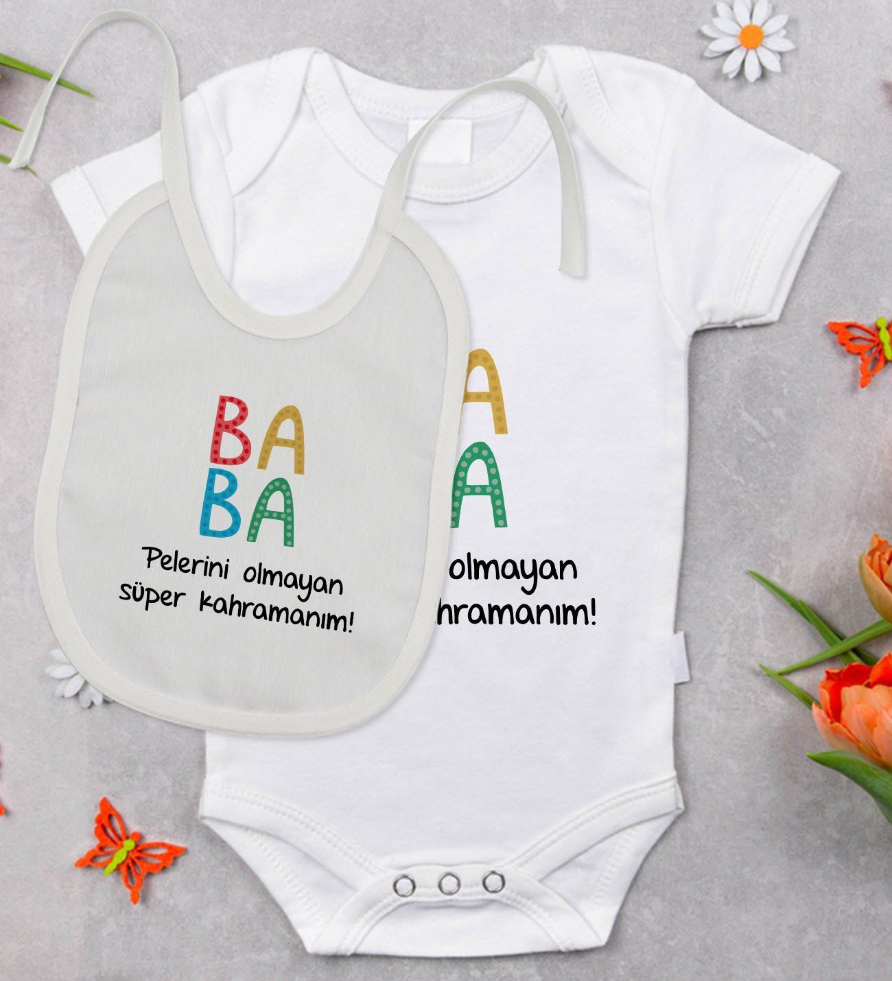 BK Kids Baba Tasarımlı Bebek Body Zıbın ve Mama Önlüğü Hediye Seti - Model 2