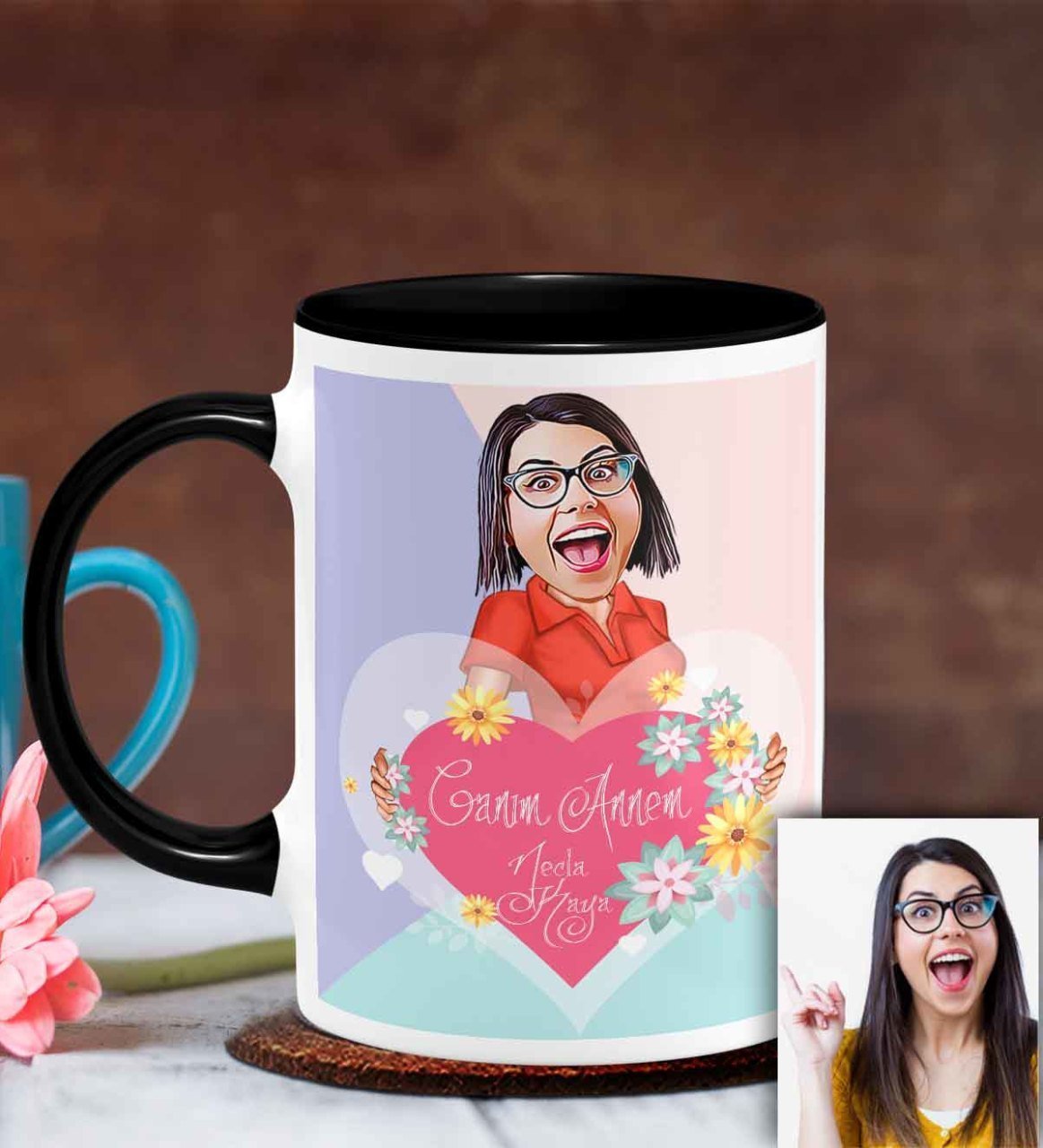 Kişiye Özel Anneler Günü Temalı Karikatürlü Siyah Kupa Bardak S8