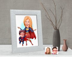 Kişiye Özel Süper Anne ve Çocuk Karikatürlü Dekoratif Çerçeve-1