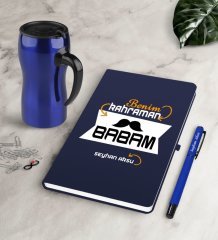 Kişiye Özel Benim Kahraman Babam Lacivert Defter Kalem Termos Mug Seti