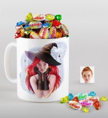 Kişiye Özel Bayan Cadı Karikatürlü Kupa ve Haribo Şeker Hediye Seti-2