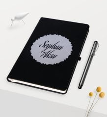 Kişiye Özel Kabartma Plakalı Siyah Defter Kalem Set