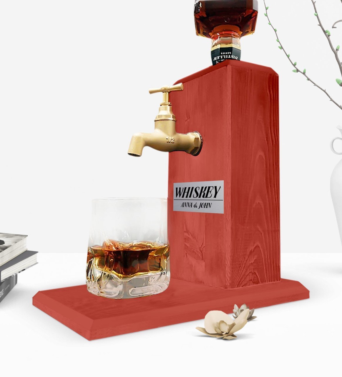 Custom Wooden Natural Whiskey Stand with Tap - Tile Red