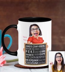 Kişiye Özel Anneler Günü Temalı Karikatürlü Siyah Kupa Bardak S6