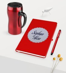 Kişiye Özel Kabartma Plakalı Kırmızı Defter Kalem Kırmızı Termos Mug Seti