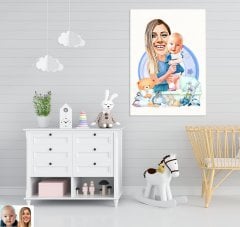 Kişiye Özel Anne ve Erkek Bebek Karikatürlü Kanvas Tablo 50x70cm-1