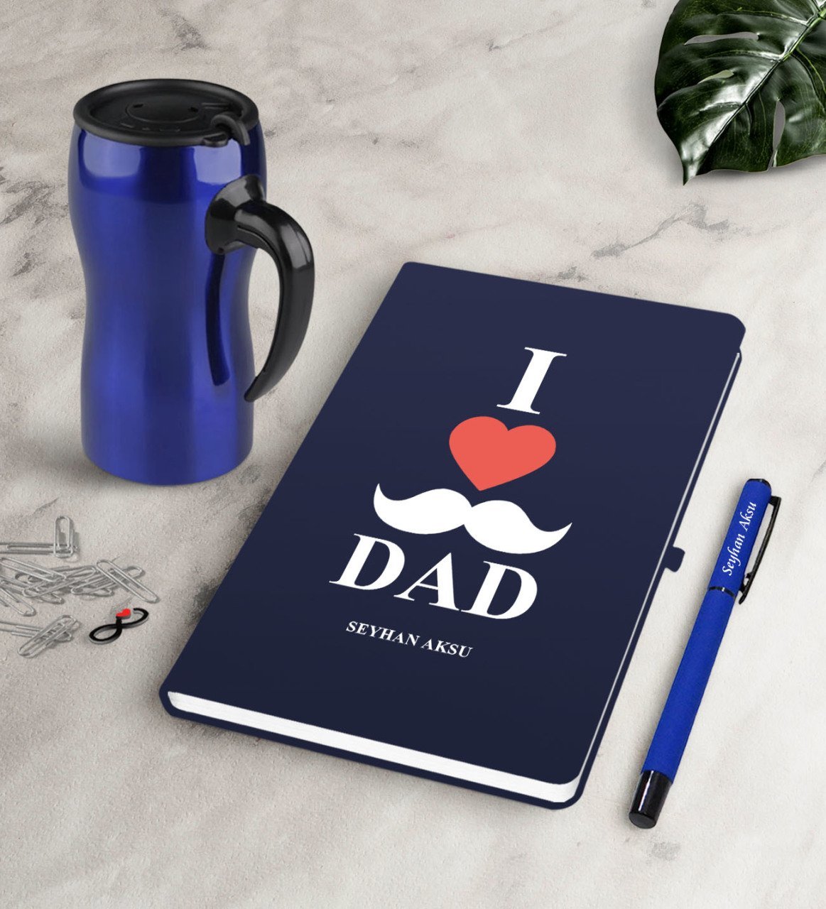 Kişiye Özel Babamı Seviyorum Lacivert Defter Kalem Termos Mug Seti