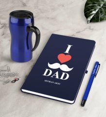 Kişiye Özel Babamı Seviyorum Lacivert Defter Kalem Termos Mug Seti
