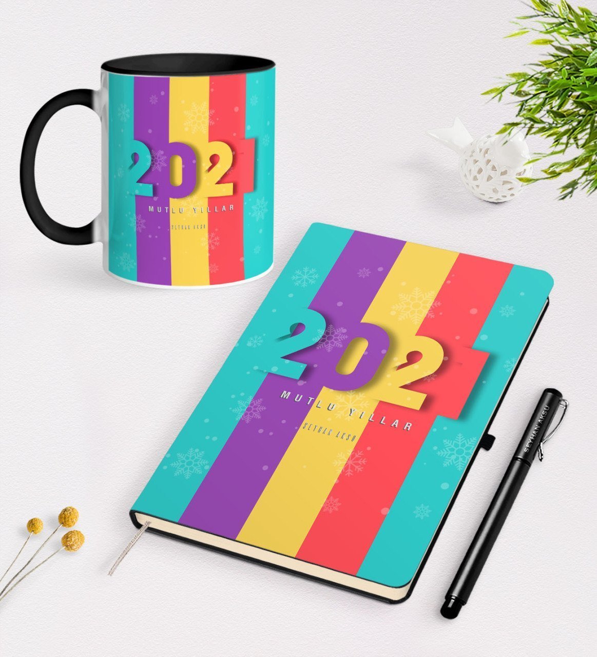 Kişiye Özel 2023 Mutlu Yıllar Siyah Defter Kalem ve Kupa Seti-8