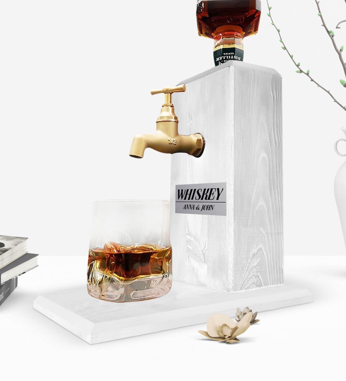 Custom Wooden Natural Whiskey Stand with Tap - Vintage White