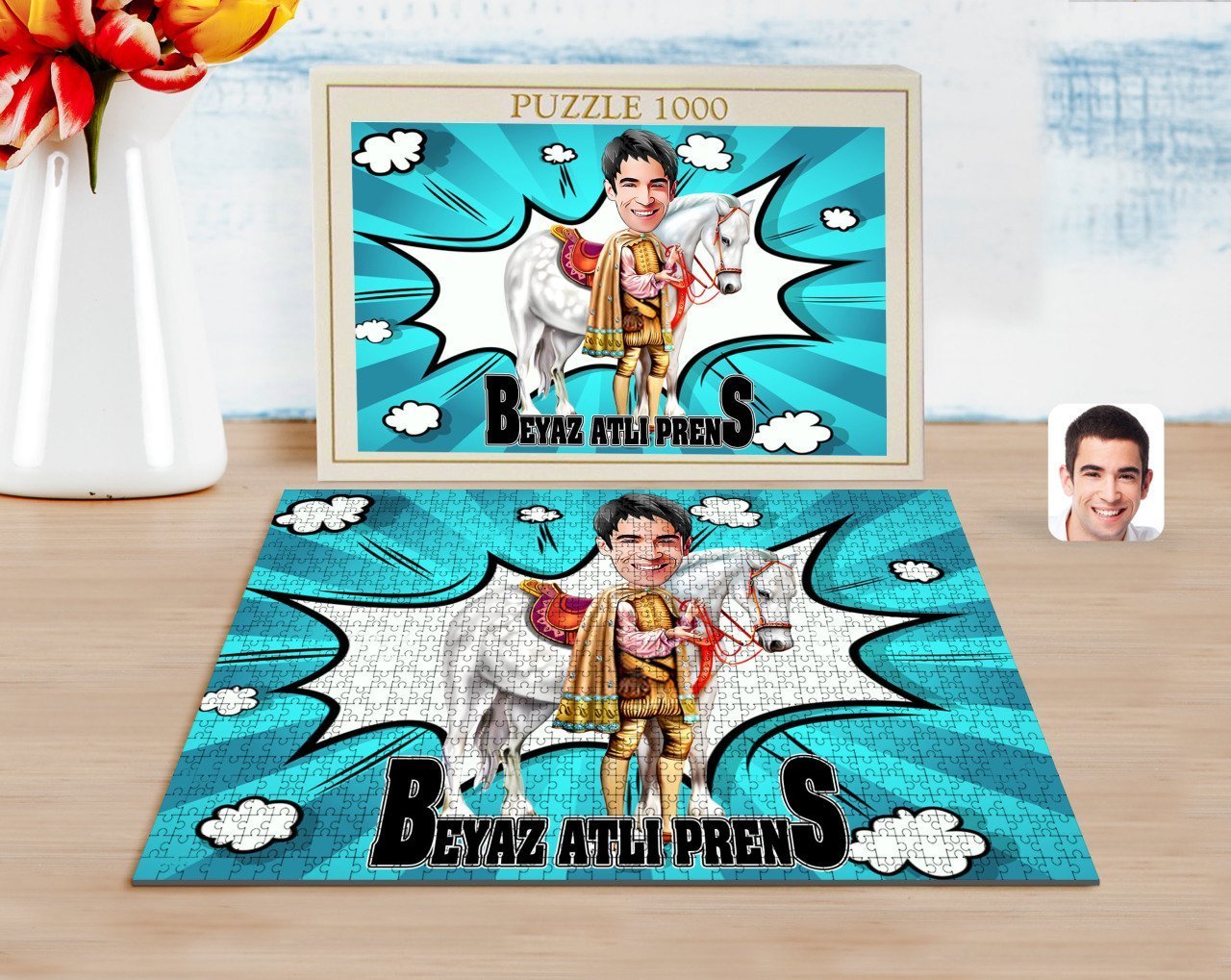 Kişiye Özel Beyaz Atlı Prens Karikatürlü 1000 Parça Profesyonel Puzzle-1