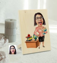 Kişiye Özel Kadın Öğretmen Karikatürlü Dekoratif Ahşap Çerçeve Model 5