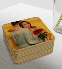 Kişiye Özel Fotoğraflı Kare Ahşap Hediye Kutusu