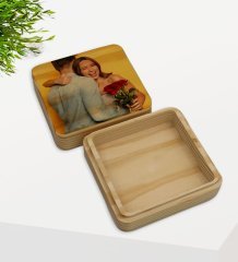 Kişiye Özel Fotoğraflı Kare Ahşap Hediye Kutusu