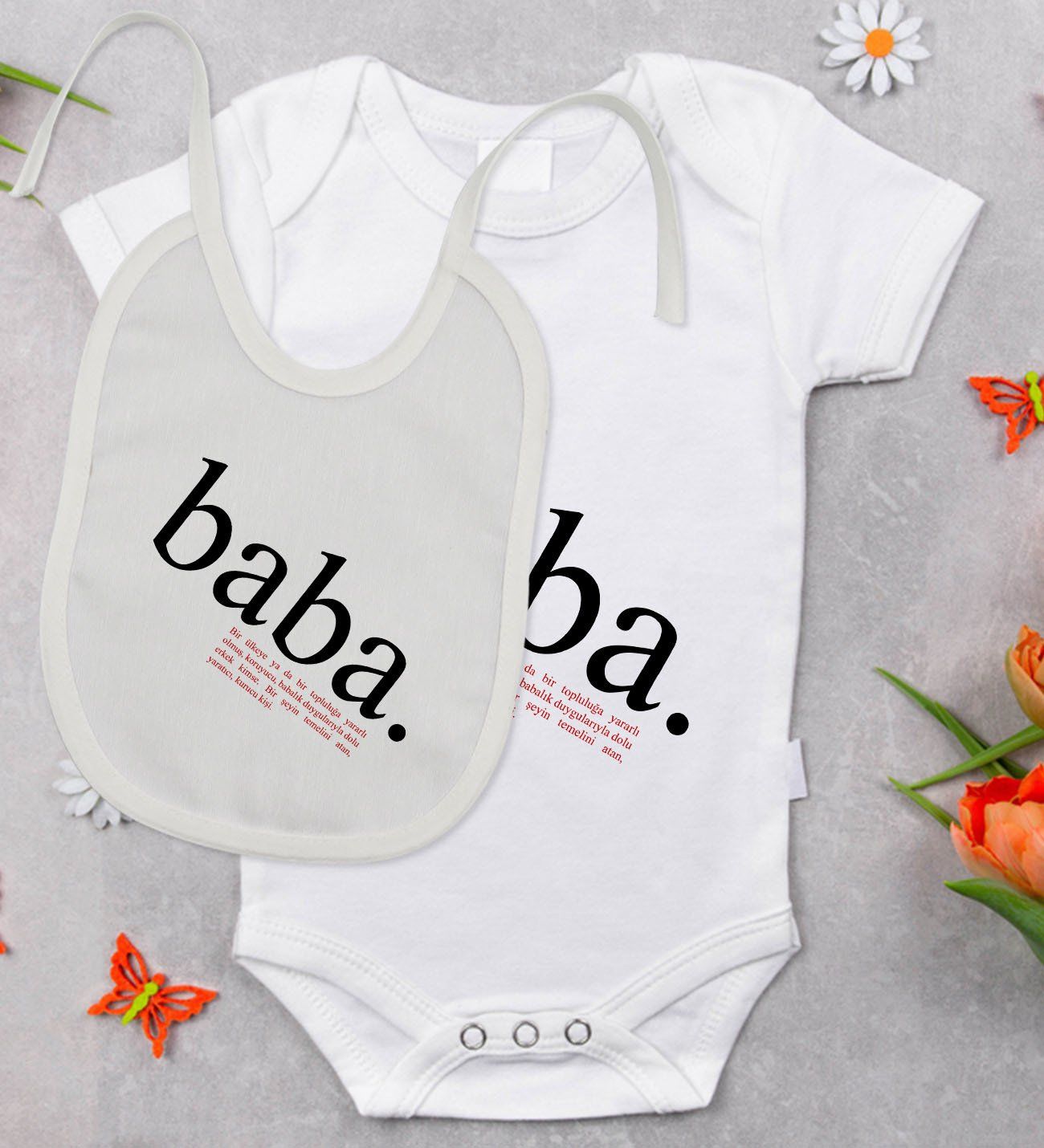 BK Kids Baba Anlamı Tasarımlı Bebek Body Zıbın ve Mama Önlüğü Hediye Seti - Model 1