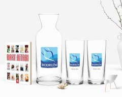Kişiye Özel Renkli Baskılı Bodrum Tasarımlı Turistik İkili Rakı Bardağı Karaf ve Cep Kitabı Hediye Seti-1