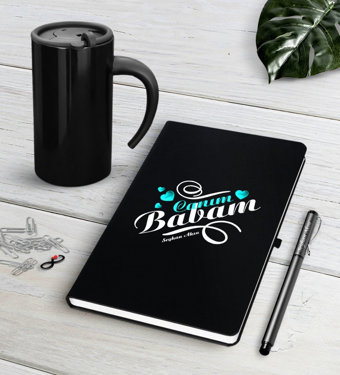 Kişiye Özel Canım Babam Siyah Defter Kalem Termos Mug Seti-7
