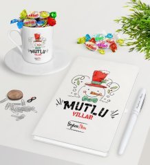 Kişiye Özel Yılbaşı Mutlu Yıllar Beyaz Defter Kalem Türk Kahvesi Fincanı ve Haribo Şeker Hediye Seti-5
