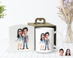 Kişiye Özel Ahşap Kutuda Sevgililer Karikatürlü Beyaz Kupa Bardak-81