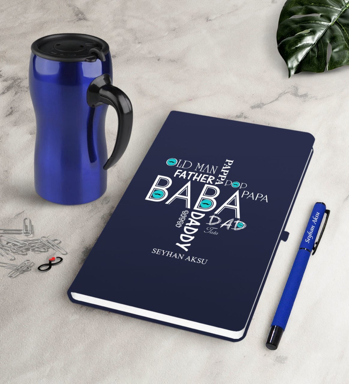 Kişiye Özel Baba Lacivert Defter Kalem Termos Mug Seti-1