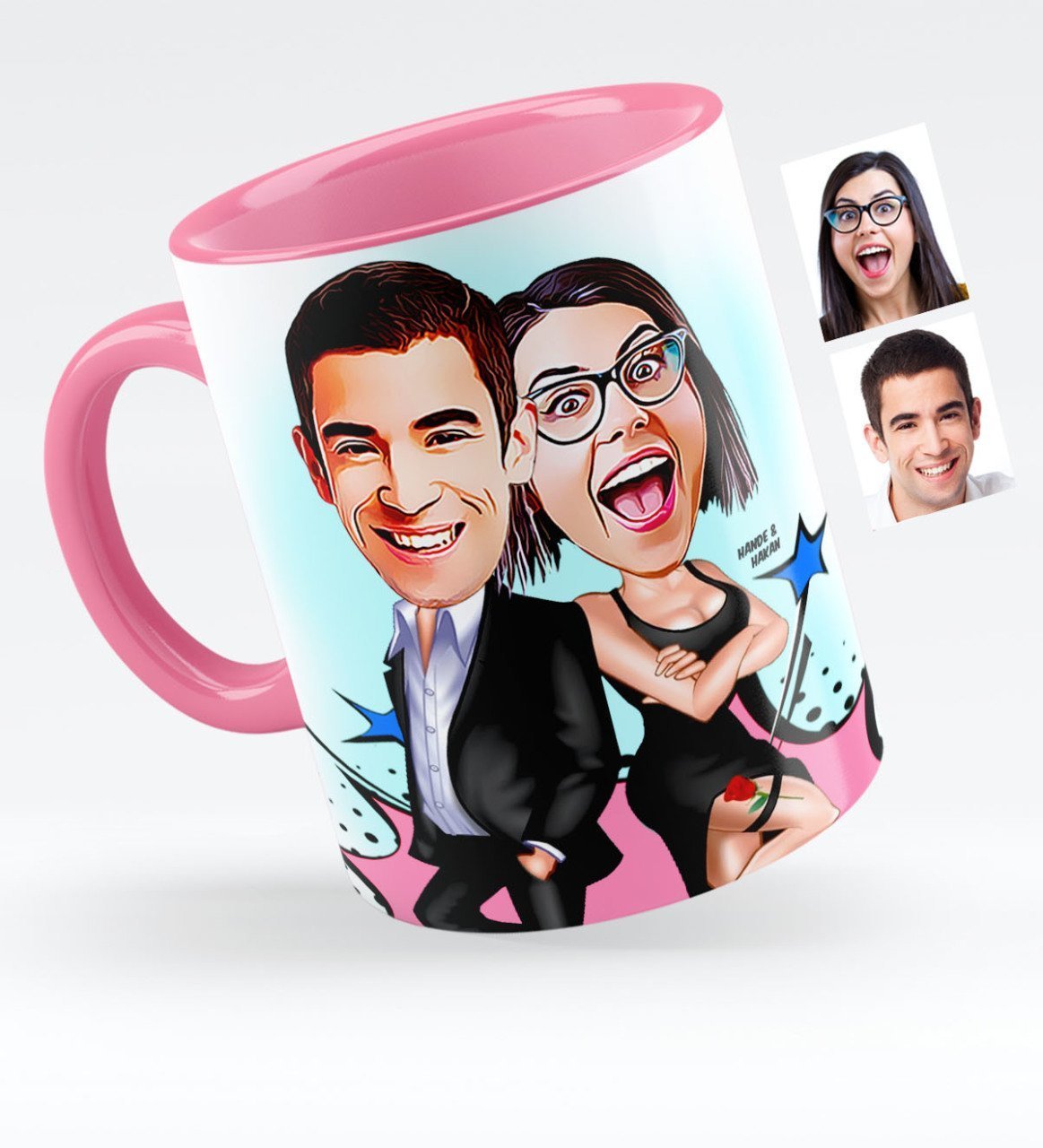 Kişiye Özel Sevgililer Karikatürlü Pembe Kupa Bardak - 6