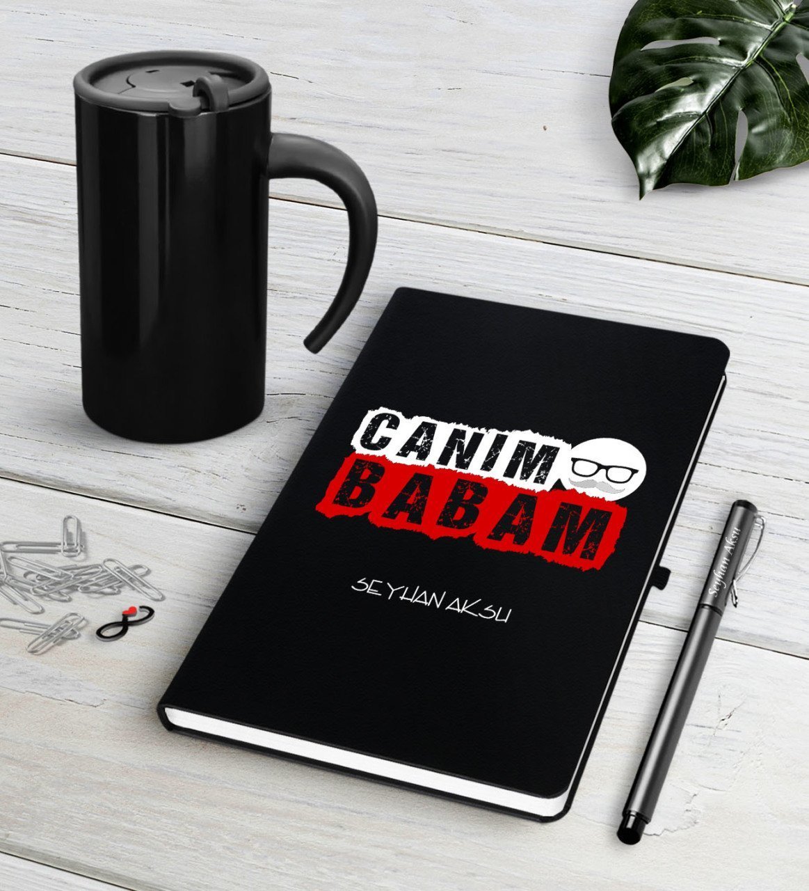 Kişiye Özel Canım Babam Siyah Defter Kalem Termos Mug Seti-6