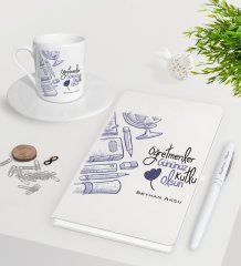 Kişiye Özel Öğretmenler Günümüz Kutlu Olsun Beyaz Defter Kalem Türk Kahvesi Fincanı Seti-6