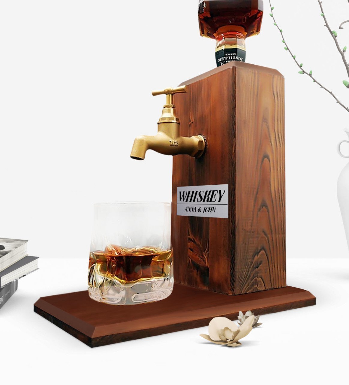 Custom Wooden Natural Whiskey Stand with Tap - Walnut