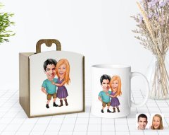 Kişiye Özel Ahşap Kutuda Sevgililer Karikatürlü Beyaz Kupa Bardak-80