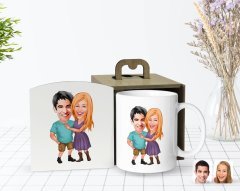 Kişiye Özel Ahşap Kutuda Sevgililer Karikatürlü Beyaz Kupa Bardak-80
