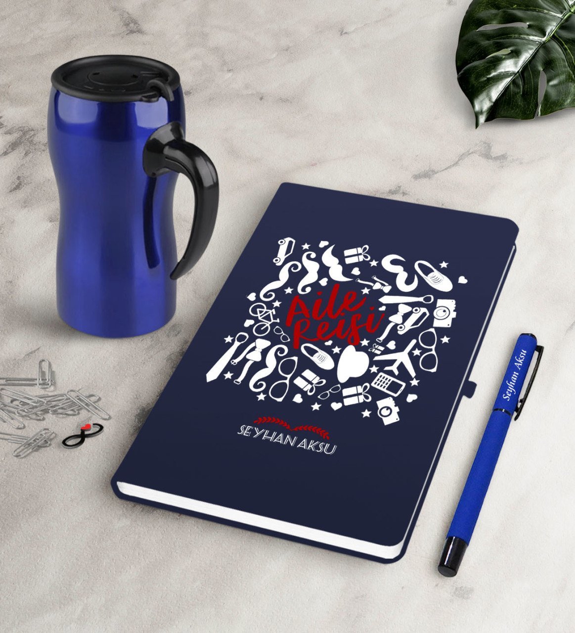 Kişiye Özel Aile Reisi Lacivert Defter Kalem Termos Mug Seti