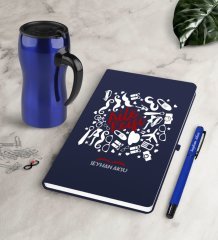 Kişiye Özel Aile Reisi Lacivert Defter Kalem Termos Mug Seti