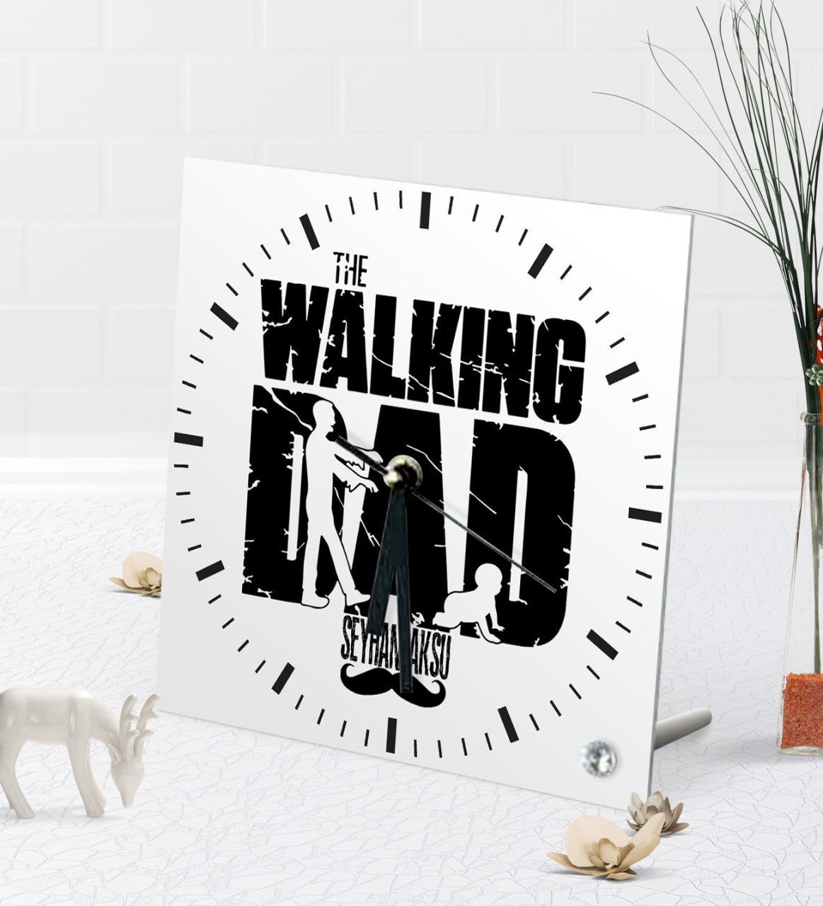 Kişiye Özel The Walking Dad Masaüstü Kare Cam Saat-2