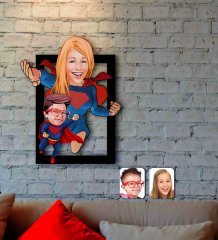 Kişiye Özel Süper Anne ve Çocuk Karikatürlü 3D Ahşap Tablo-2