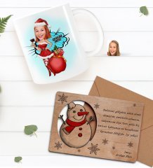 Kişiye Özel Happy New Year Kupa Bardak ve Retro Ahşap Yılbaşı Tebrik Kartı Hediye Seti-10D
