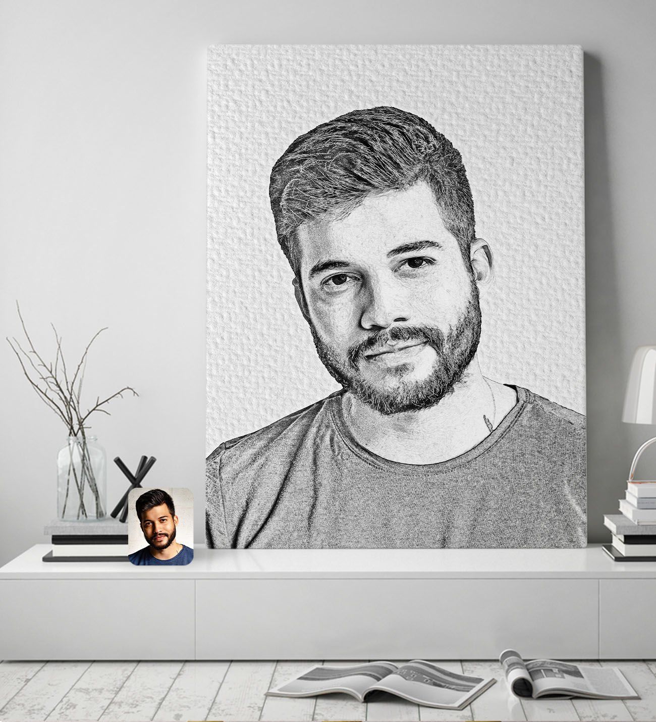 BK Gift Kişiye Özel Karakalem Kanvas Tablo, Karakalem Tablo 50x70cm, Duvar Dekoru, Arkadaşa Hediye, Sevgiliye Hediye, Ev ve Ofis Hediyesi