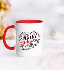 Kişiye Özel Yılbaşı Mutlu Yıllar Kırmızı Kupa ve Kar Tanesi Kolye-4